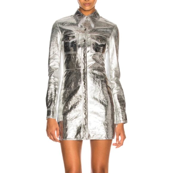 Calvin Klein 205W39NYC Leather Metallic Western Shirt-Dress - Picture 1 of 6